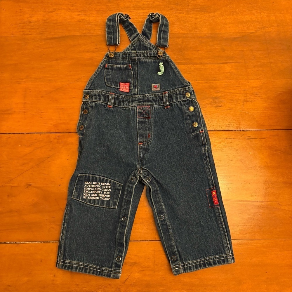 Vintage Kids French Toast 90s Jeans Denim Patchwork Overalls Size 18M - Picture 2 of 8